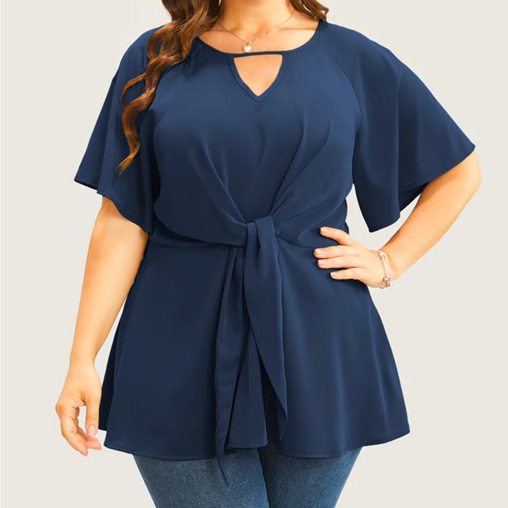 Plain Keyhole Knotted Front Ruffle Sleeve Blouse